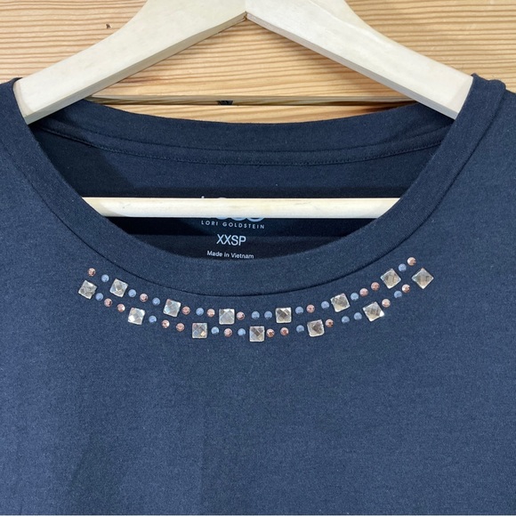 LOGO Lori Goldstein Shirt XXSP Petite Black Swing Satin Chiffon Trim Jewels - Picture 2 of 15